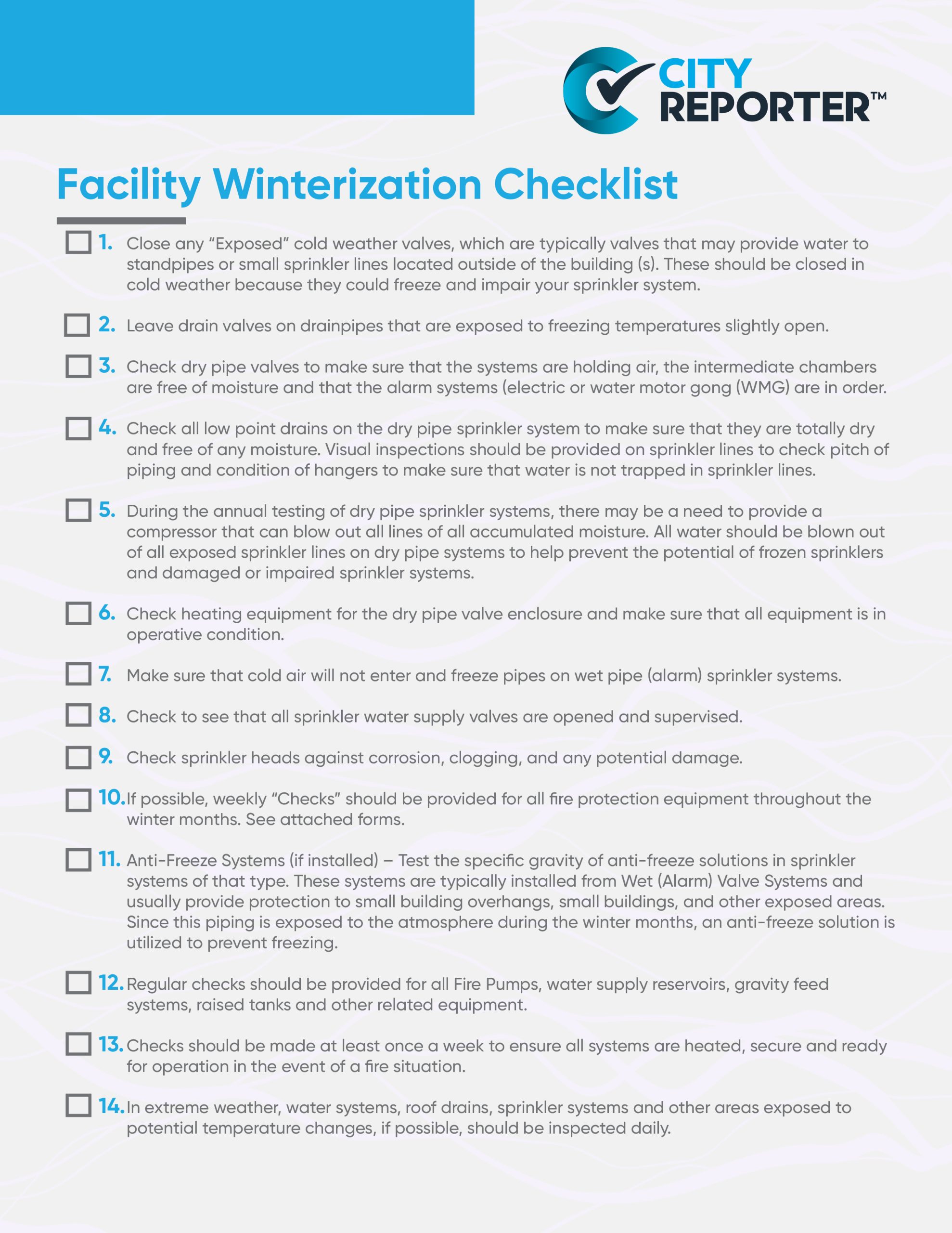 The first page of CityReporter's form - Winterization Checklist